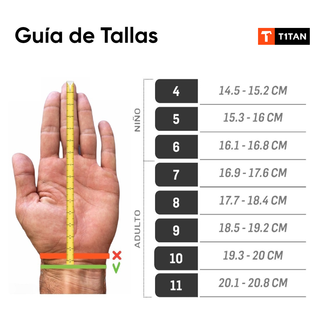 guía de tallas guantes titan